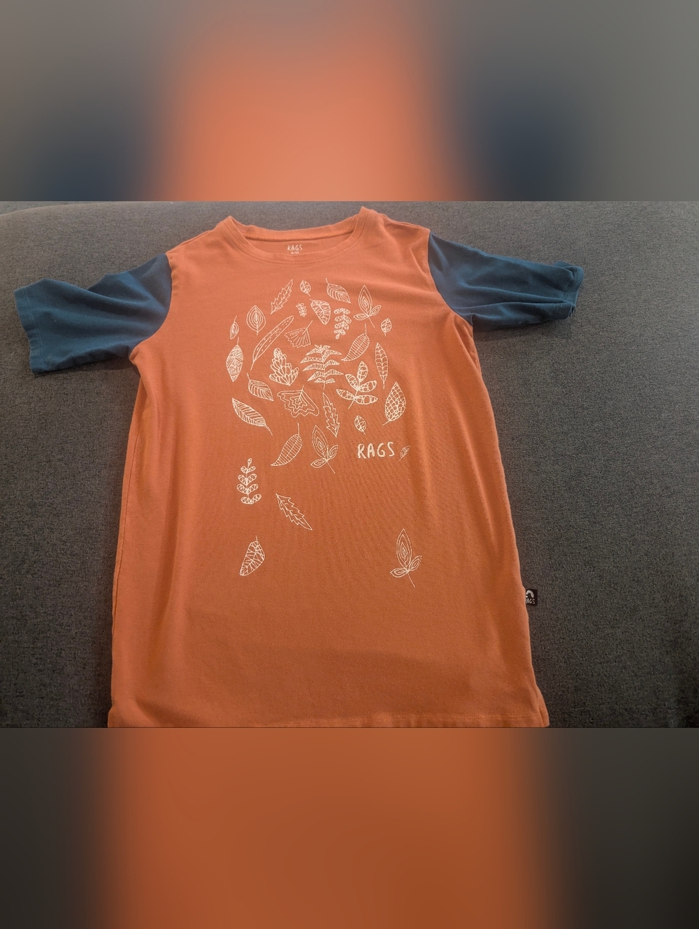 Rags to Raches Orange Tee with Blue Sleeves